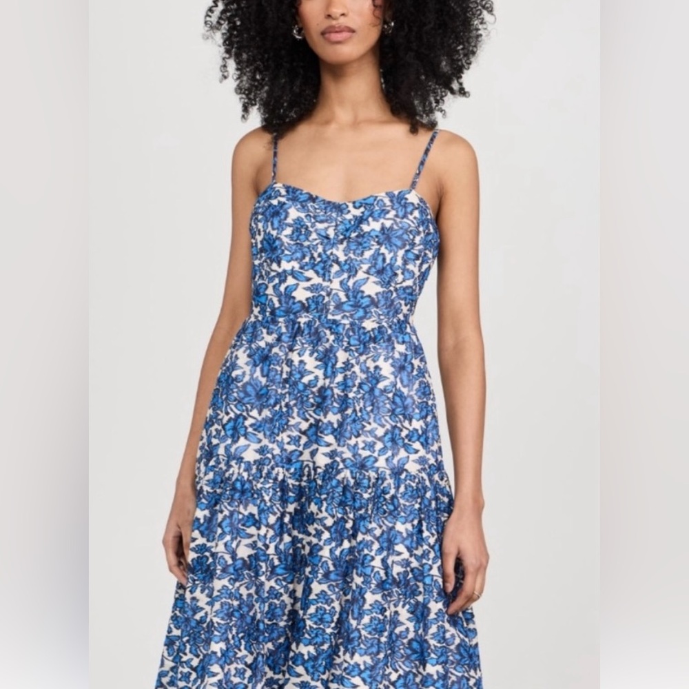 TANYA TAYLOR Blue and White Spaghetti Strap Midi Sundress